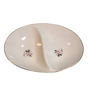 Vintage 1950s StyleHouse Divided Serving Bowl 11" Oval White Pink Gold Japan MCM